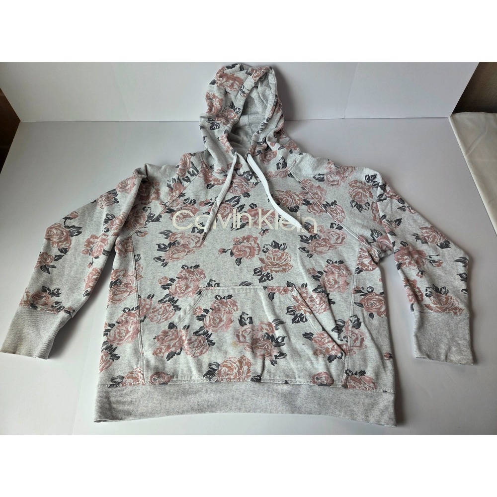 Calvin Klein Sweater Womens Large Gray Pink Floral Hoodie Flowers Sweatshirt